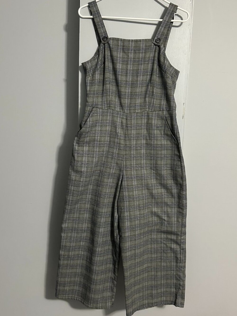 Gypsies & Moondust Gray/Blue Plaid Wide Leg Cropped Jumpsuit Academia Women's M